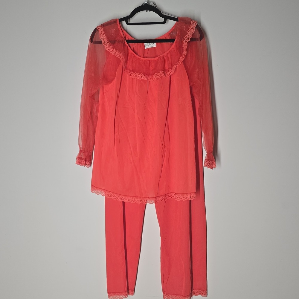 Vintage‎ Gotham Red Sheer Pajama Set Lace Trim Top & Pants Lingerie Size Large